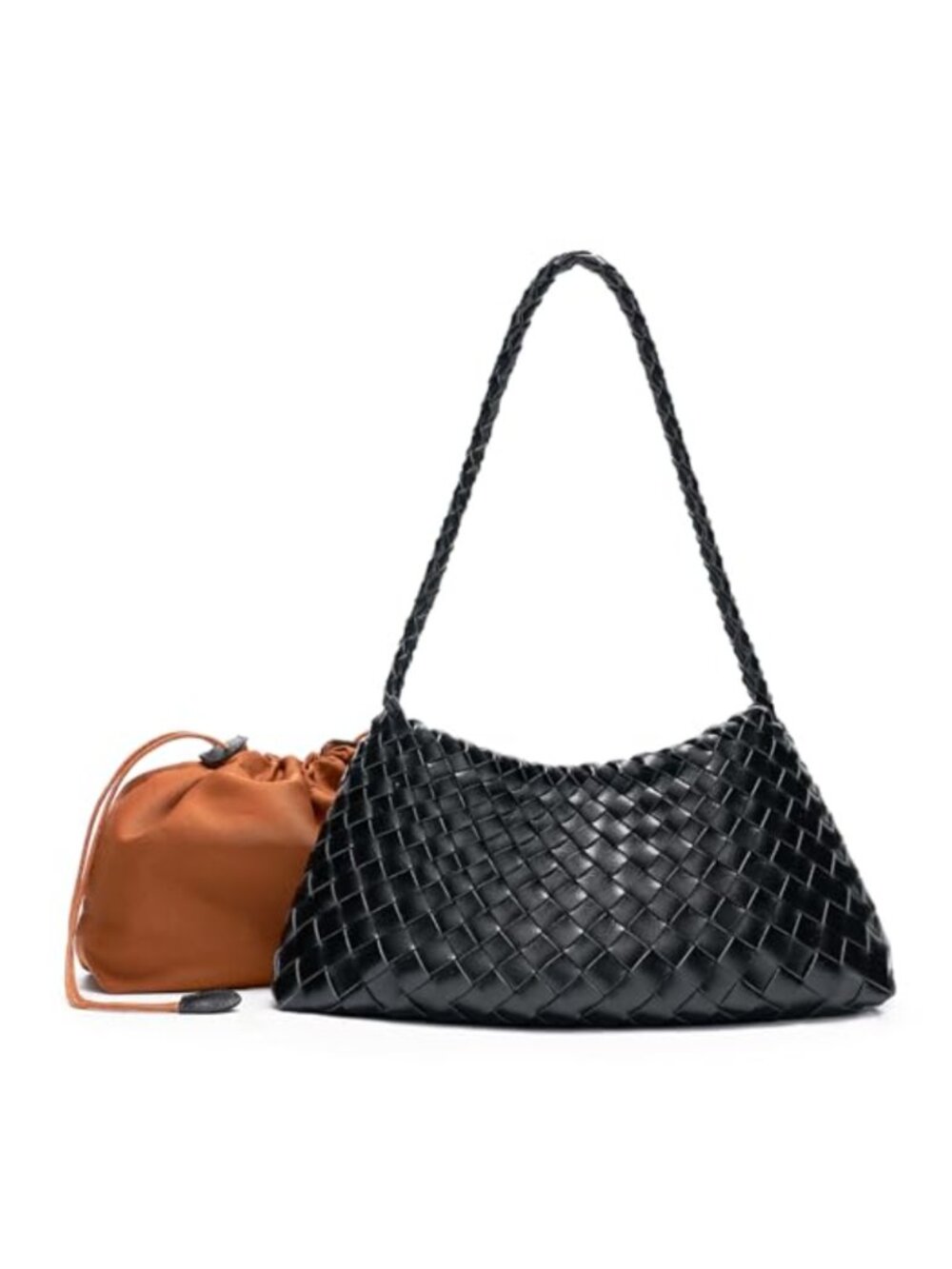 Woven Hobo Shoulder Bag Vegan Leather Drawstring Braided Strap